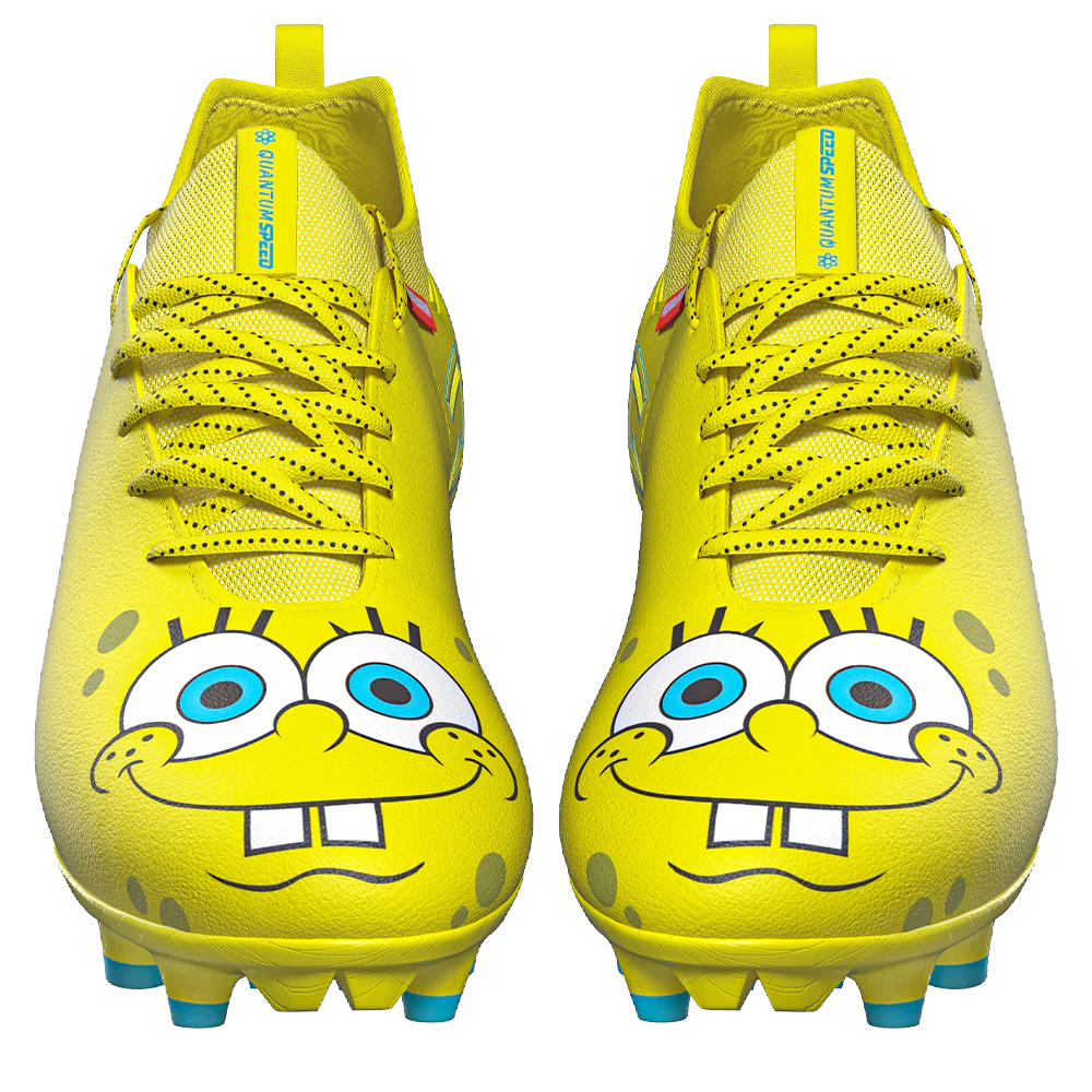 SpongeBob Quantum Speed 2.0 cleats by Phenom Elite, front view of SpongeBob’s face on both toes with Quantum Speed tongue tabs