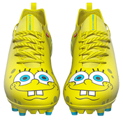 SpongeBob Quantum Speed 2.0 cleats by Phenom Elite, front view of SpongeBob’s face on both toes with Quantum Speed tongue tabs