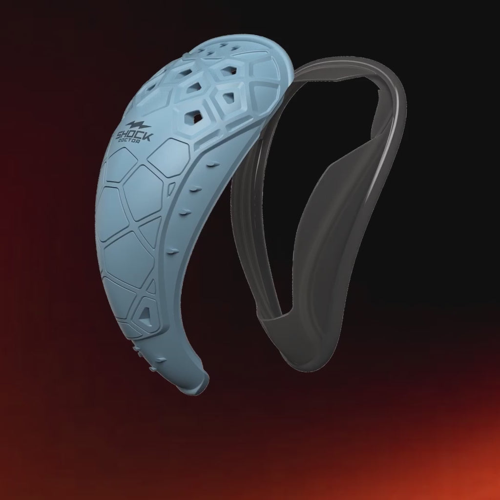 Here's a tightened version:
Exploded view animation of the Shock Doctor BioFlex 2.0 Cup, showing three features: an ergonomic bio-shaped design with comfort-flex perimeter, a flexible impact shield that transfers shock away from key protection areas, and a low-profile build for unrestricted movement.