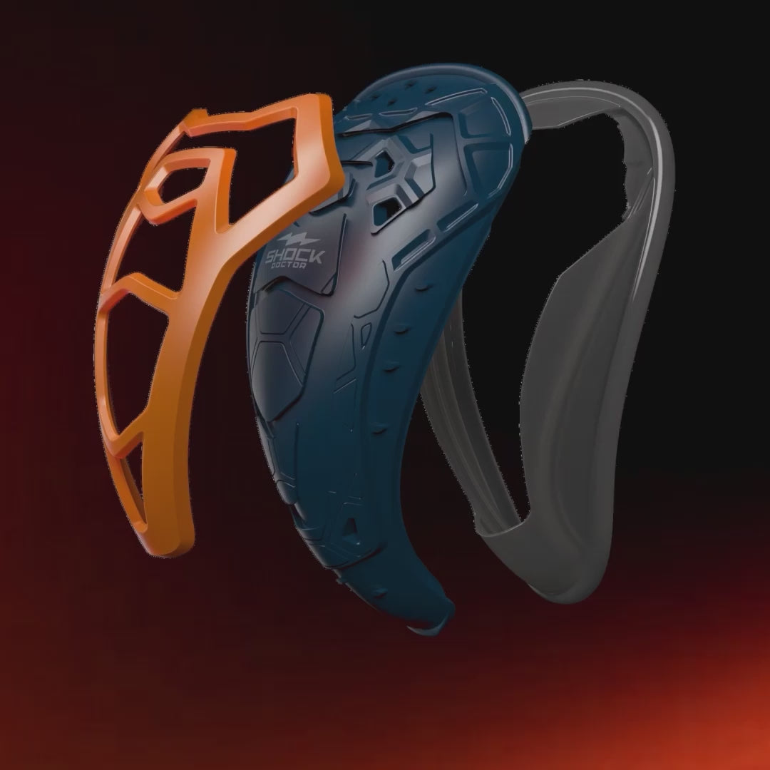 Video of exploded view of the Shock Doctor Ultra 2.0 Cup highlighting three features: an ergonomic bio-shaped design with comfort-flex perimeter built for comfort, a flexible impact shield that transfers shock away from key protection areas, and a low-profile build for unrestricted movement during activity.