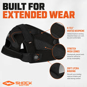 Shock Doctor Shoulder Brace product graphic with callout close-ups on the black brace showing N-TEX vented neoprene, stretch mesh zones, and soft Lycra binding, headline 'Built for Extended Wear.