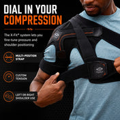 Shock Doctor Shoulder Brace Product Graphic: close-up of a man adjusting the black X-FIT strap system on the brace, headline 'Dial In Your Compression,' listing multi-position strap, custom tension, and left or right shoulder use.