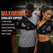 Shock Doctor shoulder brace lifestyle graphic: a man and woman on a football field each wearing the black shoulder brace, headline 'Maximum Shoulder Support,' listing AC joint sprains, rotator cuff injuries, shoulder separations, ligament sprains, and muscle strains.