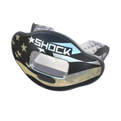 Shock Doctor Chrome Stars & Stripes Max AirFlow Football Mouthguard - Black Silver Flag - Front View