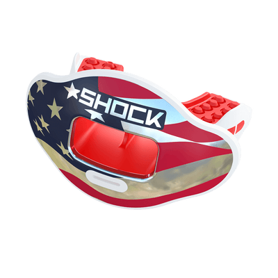 Shock Doctor Chrome Stars & Stripes Max AirFlow Football Mouthguard - Red White & Blue Chrome - Front View