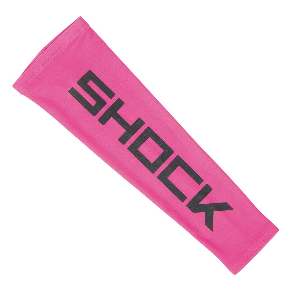 Pink Shock Doctor Compression Arm Sleeve designed for sports, offering muscle warmth, skin protection, and moisture-wicking performance.