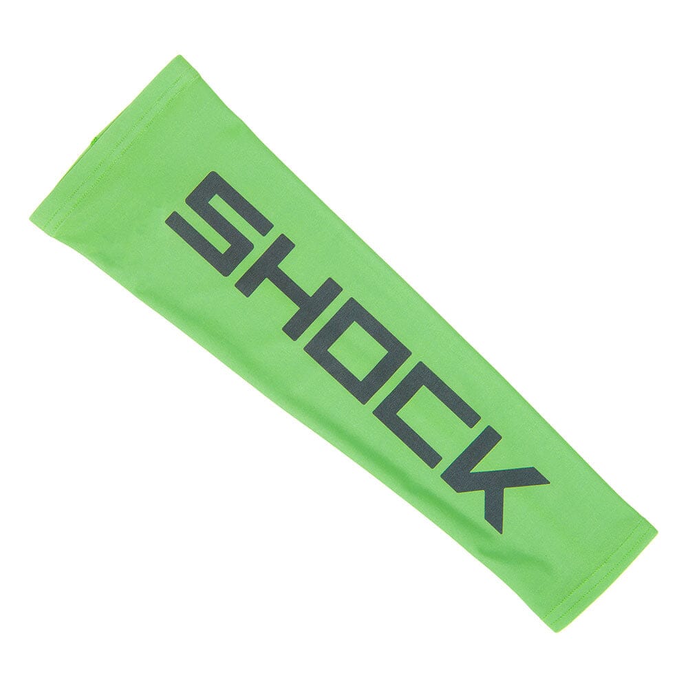 Neon Green Shock Doctor Compression Arm Sleeve designed for sports, offering muscle warmth, skin protection, and moisture-wicking performance.