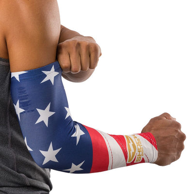 Shock Doctor Stars & Stripes/Gold Showtime Compression Arm Sleeve - On Model - Back View