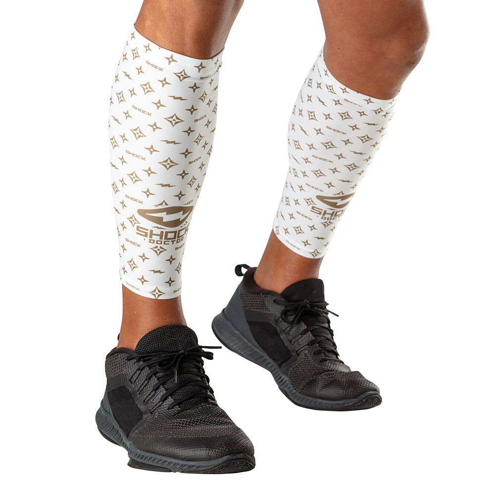 White/Gold Lux Showtime Compression Calf Sleeves