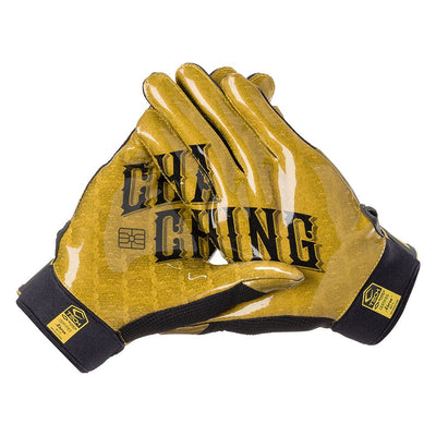 Shock Doctor Black/Gold ChaChing Showtime Football Receiver Gloves - Palm View of Both Gloves With Printed Design