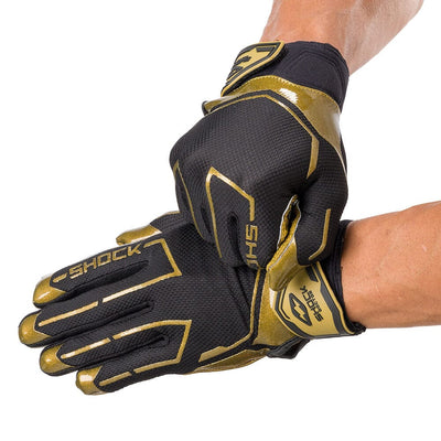 Shock Doctor Black/Gold ChaChing Showtime Football Receiver Gloves - On Model - Tightening Straps