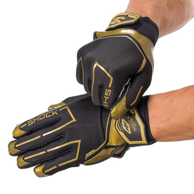 Shock Doctor Black/Gold Chain Showtime Football Receiver Gloves - On Model - Tightening Straps