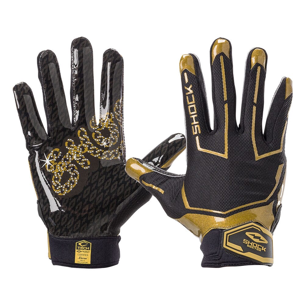 Shock Doctor Black/Gold Chain Showtime Football Receiver Gloves - Front and Back of Gloves