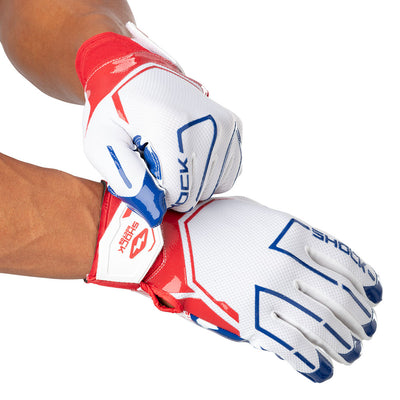 Shock Doctor Stars & Stripes Showtime Football Receiver Gloves - On Model - Tightening Straps