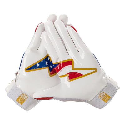 Shock Doctor Stars and Stripes/Gold Showtime Football Receiver Gloves - Palm View of Both Gloves With Printed Design