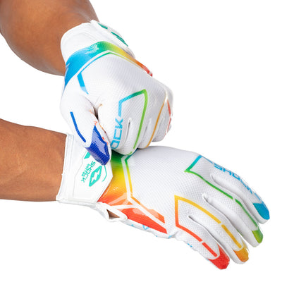 Shock Doctor White/Multi Color Lux Lux Showtime Football Receiver Gloves - On Model - Tightening Straps