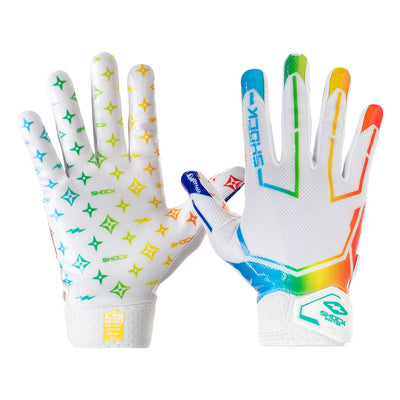 Shock Doctor White/Multi Color Lux Showtime Football Receiver Gloves - Front and Back of Gloves