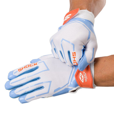 Shock Doctor White/Columbia Blue Stitch Showtime Football Receiver Gloves - On Model - Tightening Straps