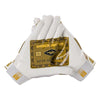 Shock Doctor White/Gold Card Showtime Football Receiver Gloves - Palm View of Both Gloves With Printed Design