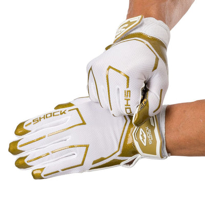 Shock Doctor White/Gold Card Showtime Football Receiver Gloves - On Model - Tightening Straps
