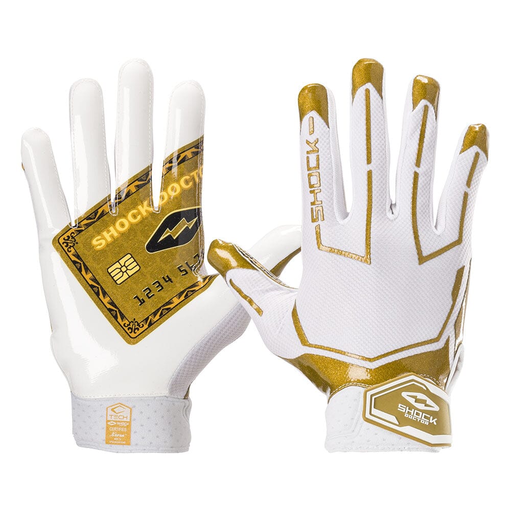 Shock Doctor White/Gold Card Showtime Football Receiver Gloves - Front and Back of Gloves