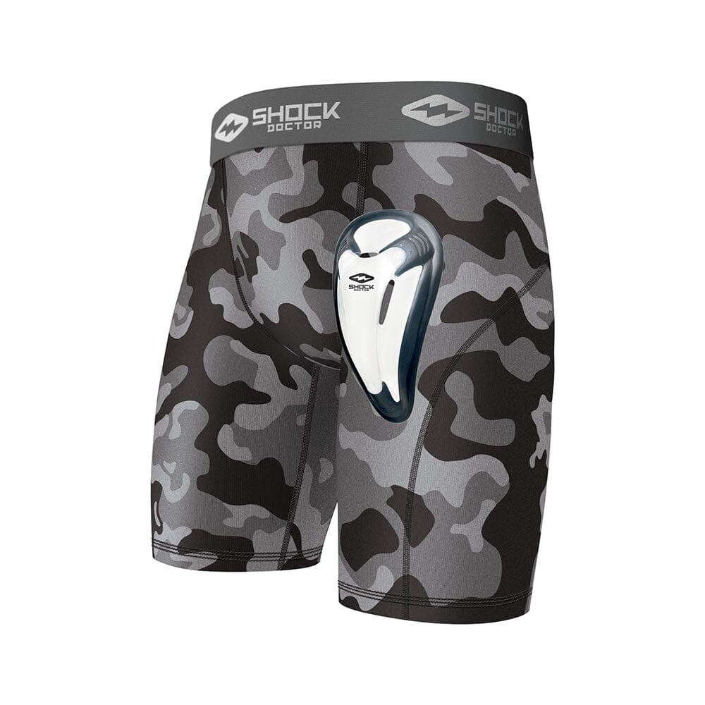 Adult Black Camo Core Compression Short with Protective Bio-Flex Athletic Cup - Front View