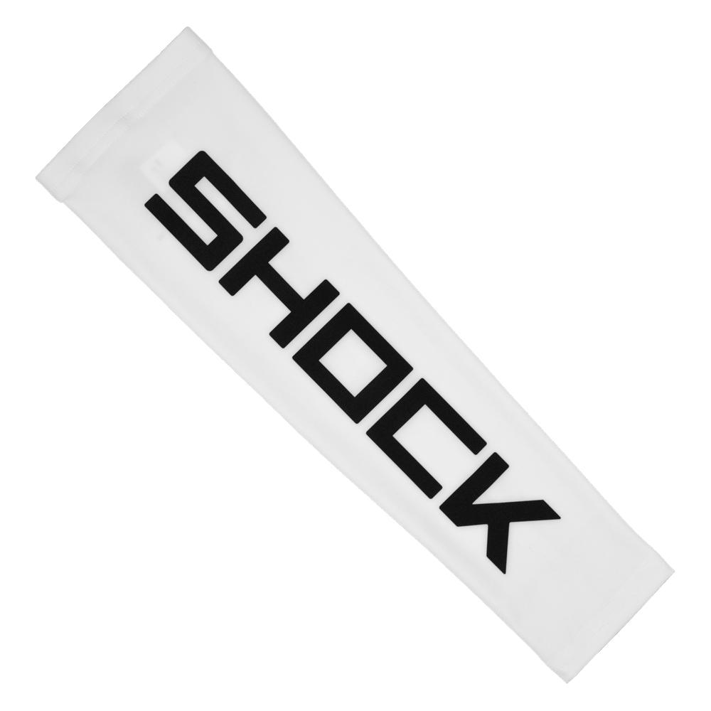 White Shock Doctor Compression Arm Sleeve designed for sports, offering muscle warmth, skin protection, and moisture-wicking performance.