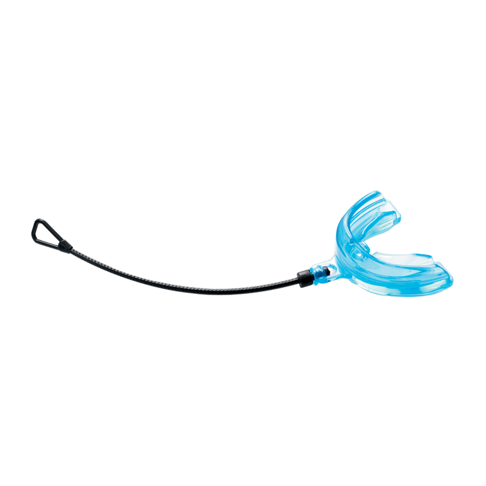 Shock Doctor Blue Braces Strapped Mouthguard for Youth and Adult Athletes - Side Angle - With Tether